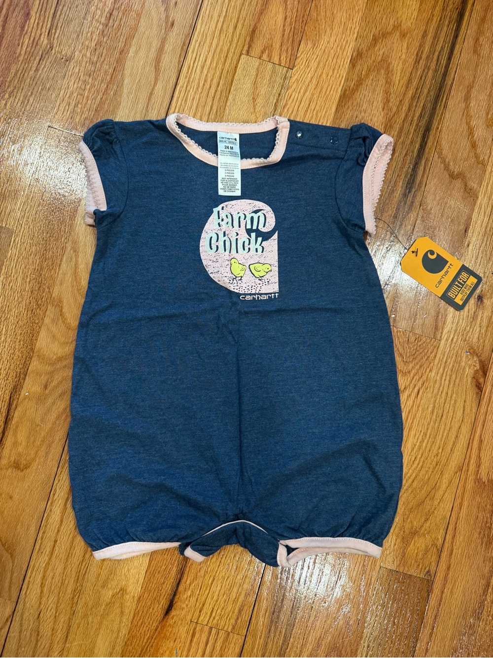 Carhartt Navy Romper with Pink Trim and Yellow Chick Graphic